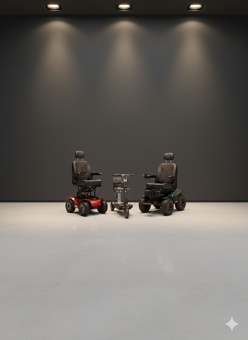 Magic X8 All-Terrain Electric Wheelchair, Quantum Outback All-Terrain Electric Wheelchair, and Atto Sport Mobility Scooter displayed in a modern showroom background.