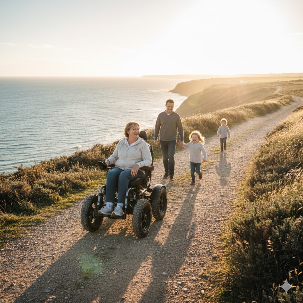 A family walking along a coastal path with a woman using a Meyra Optimus 2 electric wheelchair, enjoying outdoor freedom together.
